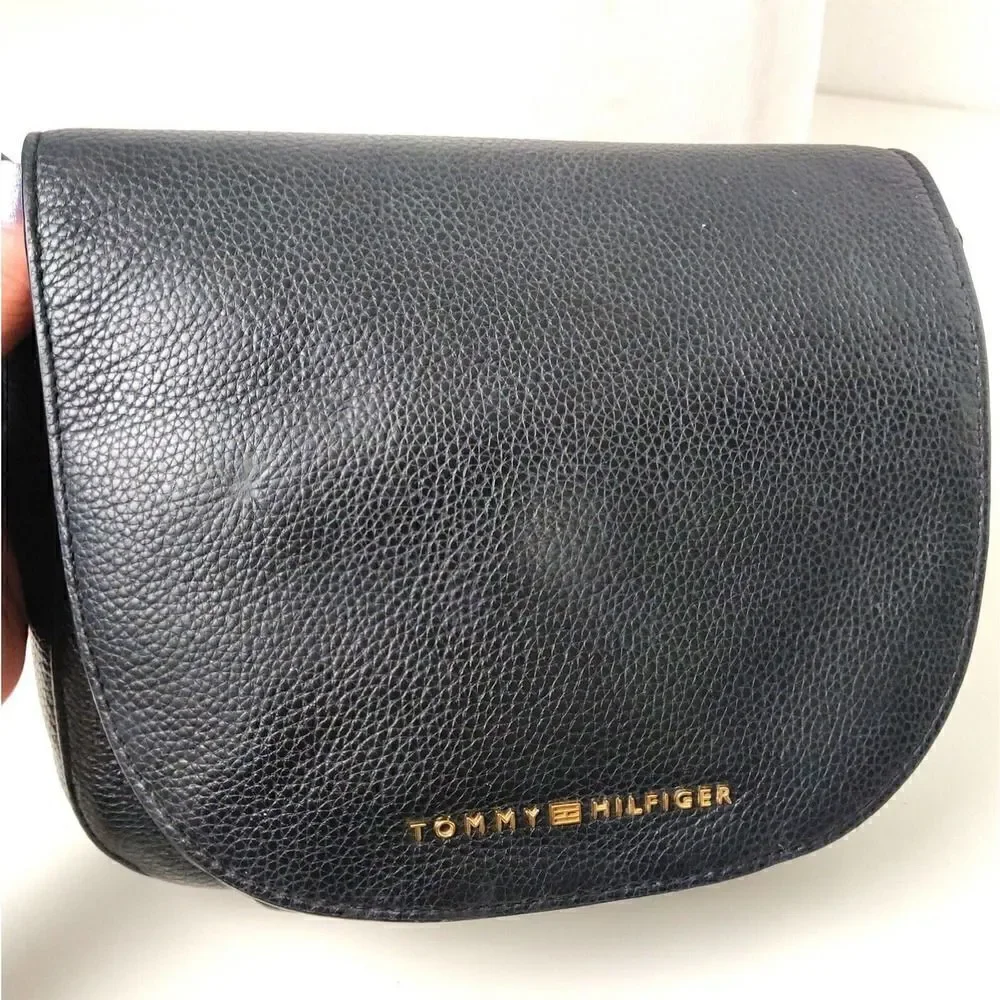 VTG TOMMY HILFIGER BLUE GENUINE LEATHER MESSENGER SHOULDER BAG X-BODY HANDBAG